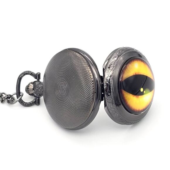 Cat Eye Dragon Pocket Watch – Mystical Beast Design, Black Finish, Unique Gift - Picture 4 of 9